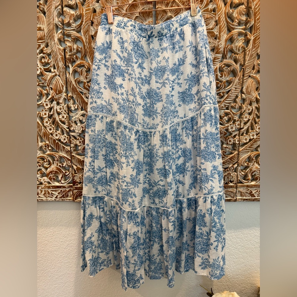 Nanette Lepore Blue & White Toile Tiered Boho Coquette Country Chic Maxi Skirt - Picture 3 of 12